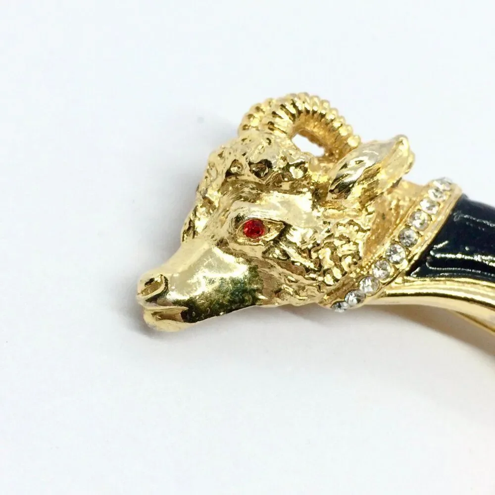 VINTAGE RAM BROOCH Black Enamel Horn Rhinestone Gold Tone Aries Statement Pin